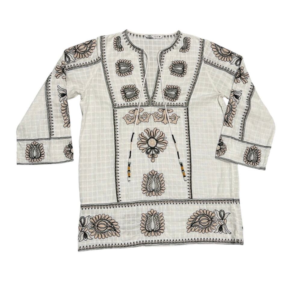 Zara Embroidered Boho Tunic Top Beaded Tassels White Black Tan XL